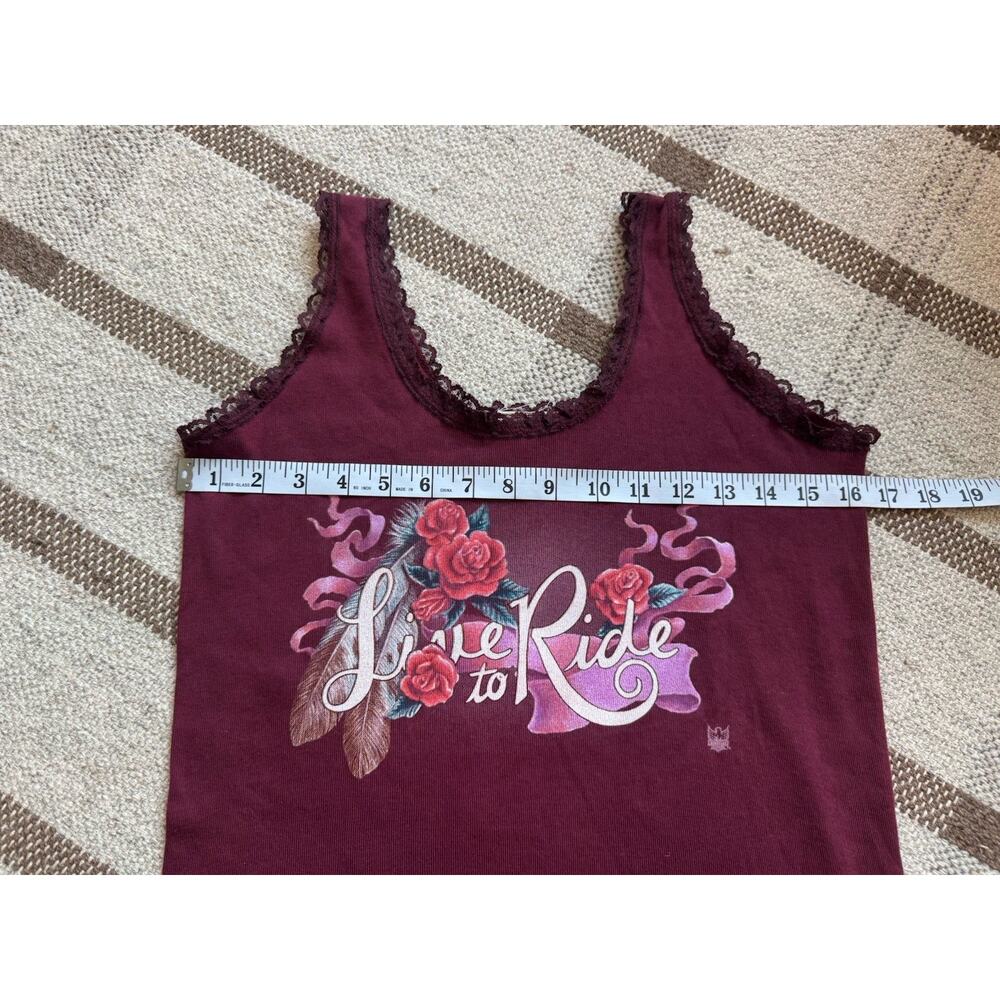 Cmj Y2k Lace Tank Top Women’s Large Chopper Design Love To Ride Maroon Usa View 3